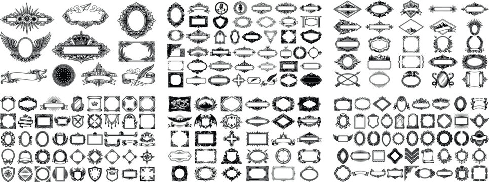 Assorted collection of vintage ornate frames and borders in various decorative styles for print layouts
