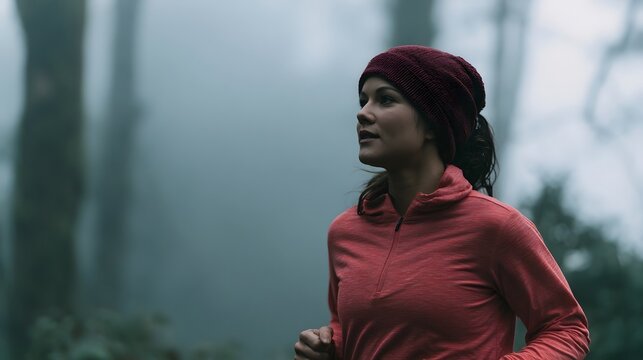 A gentle runner embodies deep breathing and tranquility while moving through a natural setting evoking a sense of positivity