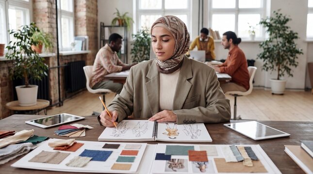 Muslim woman sketching fashion designs at wooden table in bright studio