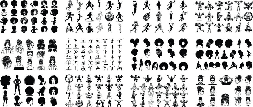 Collection of women silhouettes performing fitness exercises and yoga poses for health and wellness branding projects