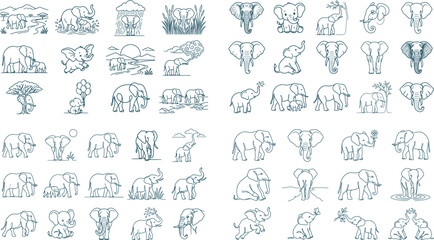 Obraz premium Diverse elephant character vector set showing various poses and activities in clean line art style