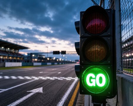 Green traffic light shows go signal on empty race track at dusk.