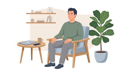 Fototapeta premium A man sits on an armchair with a coffee table and plant nearby indoors.