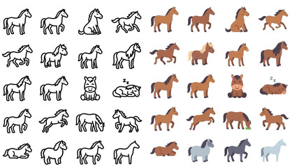 Fototapeta premium Collection of cartoon horse icons in various poses and styles, illustrating different actions and moods.