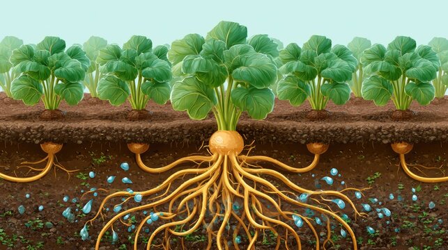 Detailed Illustration of Root System and Vegetation Growth in Soil Layers with Nutrient Absorption Process