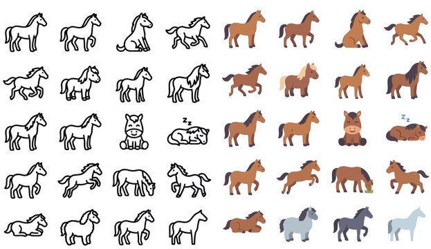 Collection of cartoon horse icons in various poses and styles, illustrating different actions and moods.