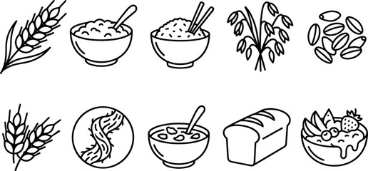 Cereal grains and healthy breakfast nutrition line icon set featuring wheat oats rice porridge bread bowl berry vector © Ruksana Studio