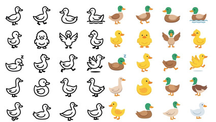 Collection of cute cartoon ducks and ducklings in various poses and styles. © Farina