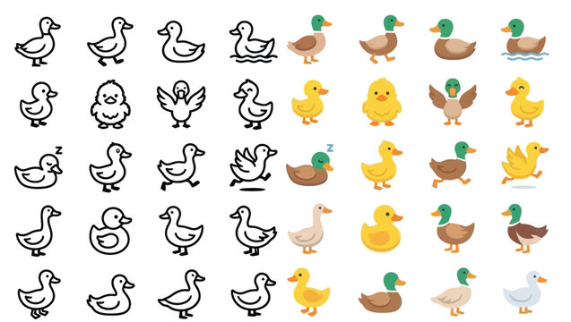 Collection of cute cartoon ducks and ducklings in various poses and styles.