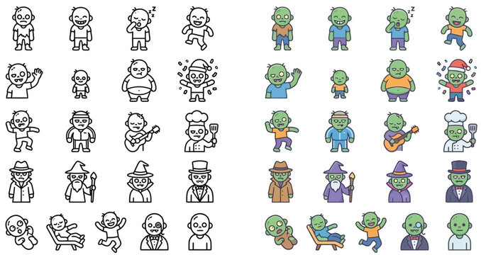 Collection of cartoon zombie icons in various poses and outfits, both outlined and colored.