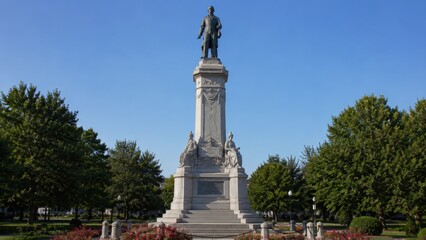 Obraz premium A tall historic stone monument featuring a central statue stands in a public park, surrounded by green trees, a paved pathway, and vibrant floral beds under a clear summer blue sky