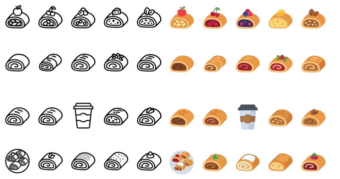 Collection of Swiss Roll and Coffee Icons in Various Styles.