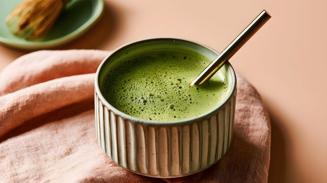 Aromatic cold brew and creamy matcha latte in a ceramic cup featuring condensation and a pastel background