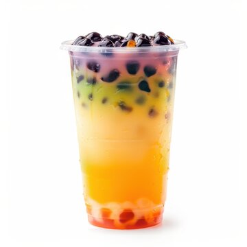 Rainbow layered bubble tea with tapioca balls in clear plastic cup isolated on white.