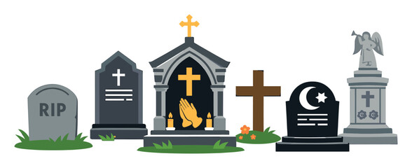 Obraz premium Gravestones display Christian crosses, Islamic crescents and stars, praying hands, and an angel