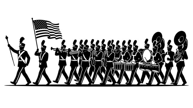 Happy independence day 4th of July Military, marching band, army, soldiers, black and white vector illustration, American flag Vector