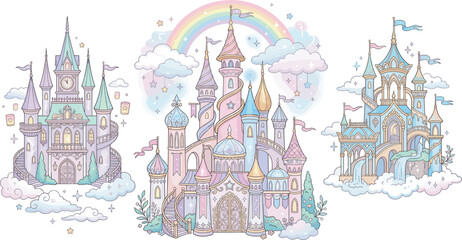 Naklejka premium Magical fairy tale castle vector set with cute pastel princess palace rainbow clouds and fantasy dream kingdom architecture isolated on white background