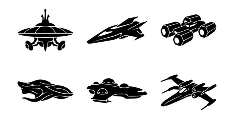 Futuristic spaceship vector icon set, sleek black alien spacecraft collection, modern sci-fi space travel vehicles, 6 silhouette designs for gaming and technology © Md