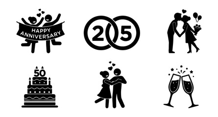 Fototapeta premium Wedding anniversary icon set, 6 black vector pictograms for 25th and 50th marriage celebration, romantic couple and party elements