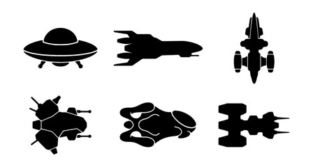 Spaceship silhouette collection, set of 6 futuristic spacecraft icons, black alien ufo and starship vector shapes for gaming and sci-fi design © Md
