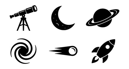 Astronomy and space exploration icons set, black minimalist galaxy symbols, 6 vector elements including telescope, rocket, and planet Saturn © Md
