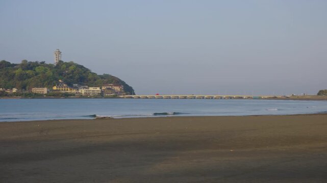 Enoshima Island and Shonan Coastline, Early Morning Beach Establishing Shot