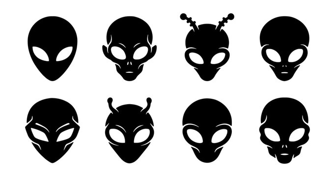Alien head vector icons, black extraterrestrial creature faces, mysterious sci-fi character avatars, cosmic alien design elements for space exploration and fantasy themes