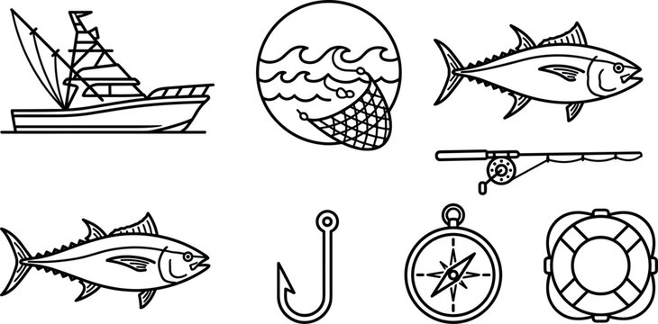 Commercial tuna fishing and deep sea maritime industry line icon set featuring boat net rod hook compass vector