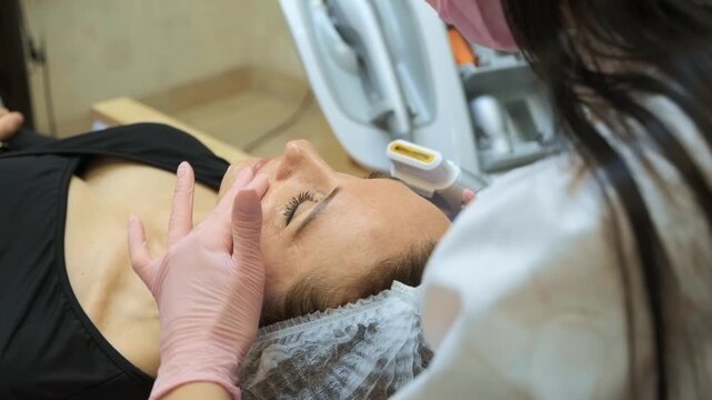 Cosmetologist performing SMAS lifting on face using ultrasound device in beauty clinic. Skin tightening and non invasive facial rejuvenation procedure in aesthetic medicine setting. Anti aging