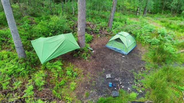 Forest campsite from above as a drone slowly turns right, revealing green dome tent and tarp shelter beside pine trees, ferns, and a small fire ring on a cleared patch.