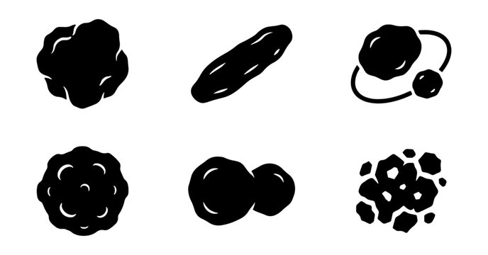 Black asteroid silhouette icons set, 6 space rock and meteor vector elements, celestial body shapes for science and astronomy UI design