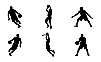 Basketball player silhouettes set, collection of 6 athletic male figures in action poses, black vector sports icons for team branding and tournament posters © Md
