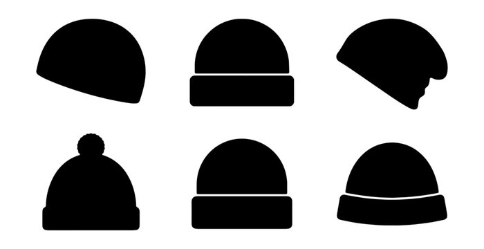 Winter beanie hat silhouette icons, set of 6 black knit cap vector symbols, minimalist headwear fashion illustrations for seasonal apparel design