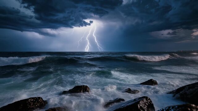Powerful lightning storm over turbulent ocean waves at night with dark clouds and rocky shore