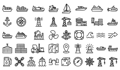 Set of 40 Outline Water Transport Icons Vector Collection for Maritime Logistics and Marine Navigation Services Isolated on White Background © Emdadul