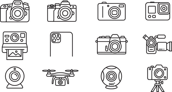 Modern camera icons vector set with dslr mirrorless action cam drone smartphone webcam polaroid and video equipment outline isolated on white background