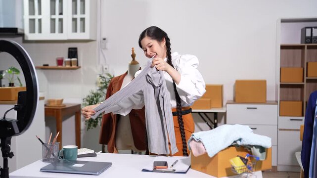 Asian woman influencer SME store owner hosting online clothing live sale from home.