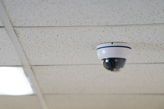Indoor security camera attached to a white drop ceiling. Modern video surveillance equipment providing safety, protection, and continuous monitoring inside a commercial space. Photo