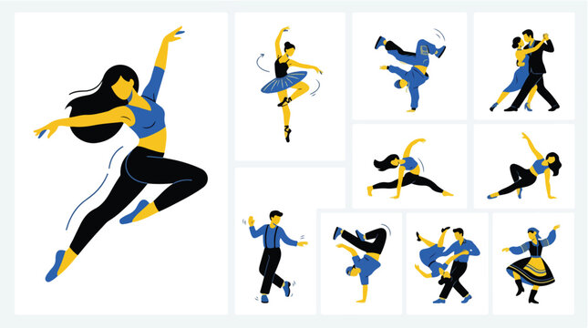 Modern dance character set, flat vector dancers in blue and yellow, contemporary ballet and hip hop performers, athletic people dancing collection