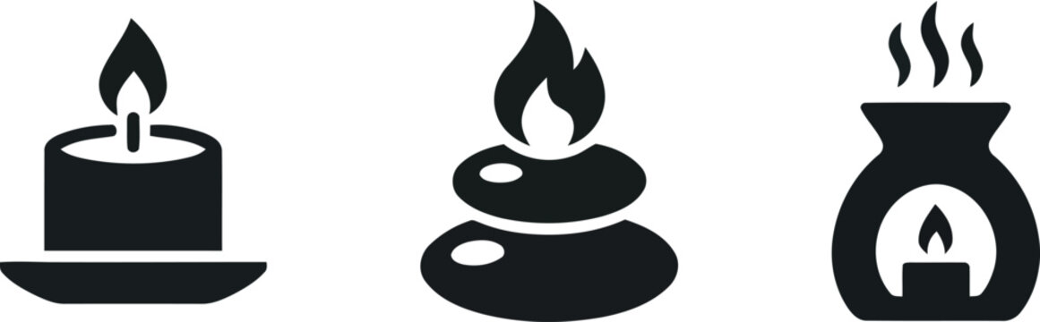 Relaxation spa aroma candle and hot massage stones solid icons set