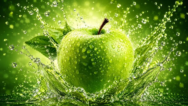 Fresh green apple with water droplets and vibrant green background