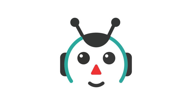 Cute friendly robot head with antennae and round eyes, AI concept, simple cartoon style.