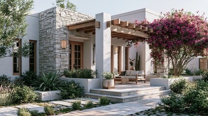 Obraz premium House walls and plants outside use a simple, Mediterranean style.