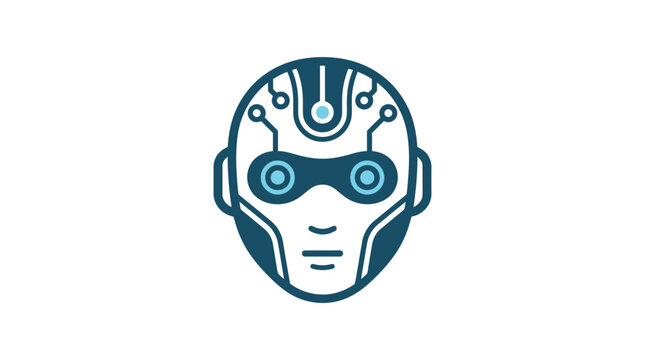 Stylized robotic face with blue circuits and sensors, futuristic technology and AI theme.
