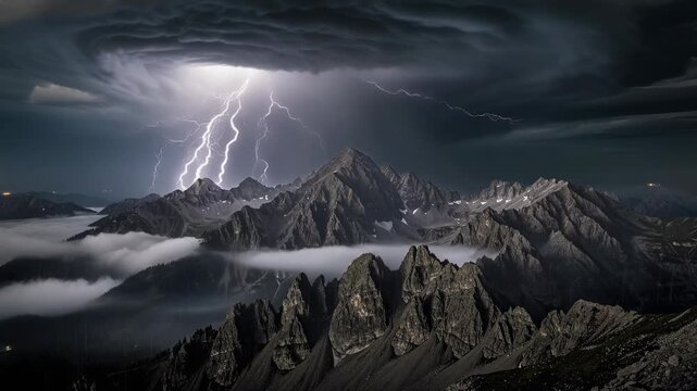 Dramatic lightning storm over rugged mountain peaks with dark clouds and mist in the night sky