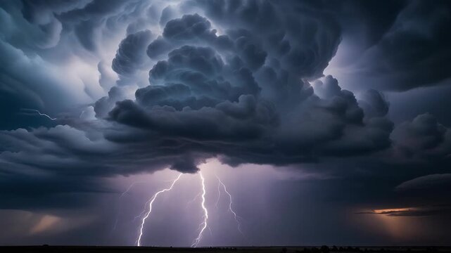 Dramatic thunderstorm with dark clouds and bright lightning strikes over flat landscape at dusk