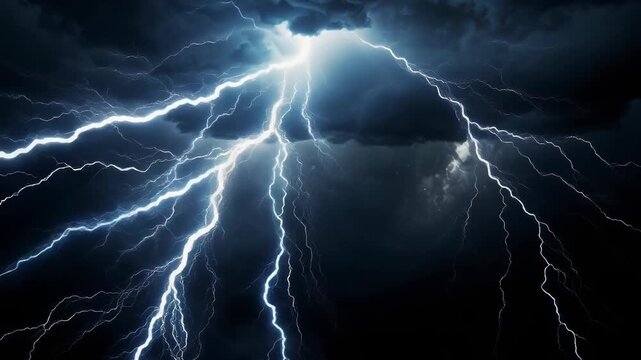 Powerful lightning storm with bright electric bolts illuminating dark cloudy night sky