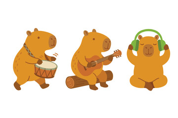 Fototapeta premium Cute capybara music and relaxation activity element set vector illustration isolated on white background