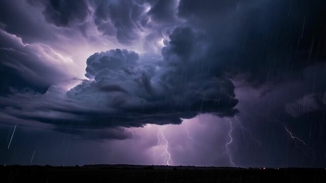Dramatic lightning storm with dark thunderclouds lighting up a rainy night sky over a landscape