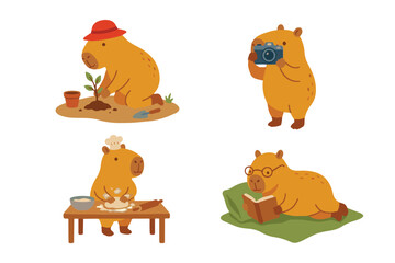 Fototapeta premium Cute capybara hobby, gardening, and baking activity element set vector illustration isolated on white background